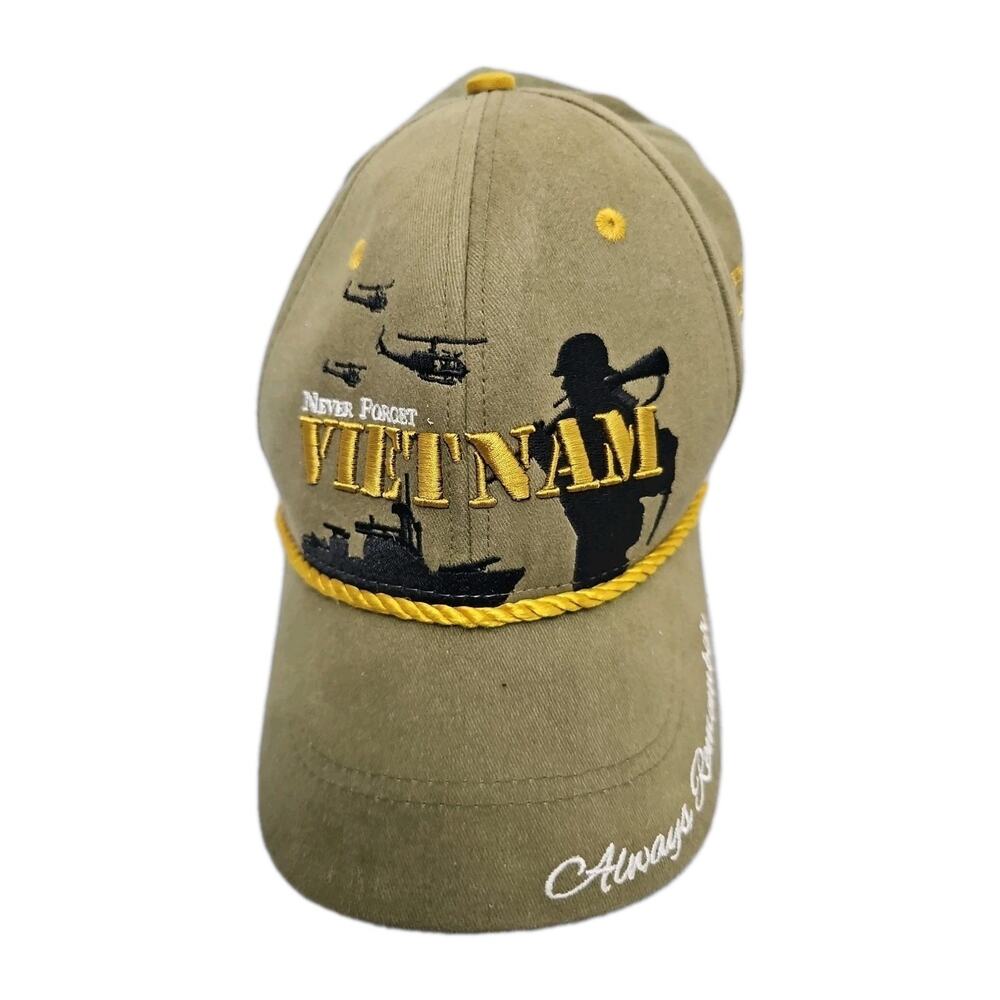 Never Forget Vietnam Green Hat Helicopters Mens War Museum Embroidered Logo USA